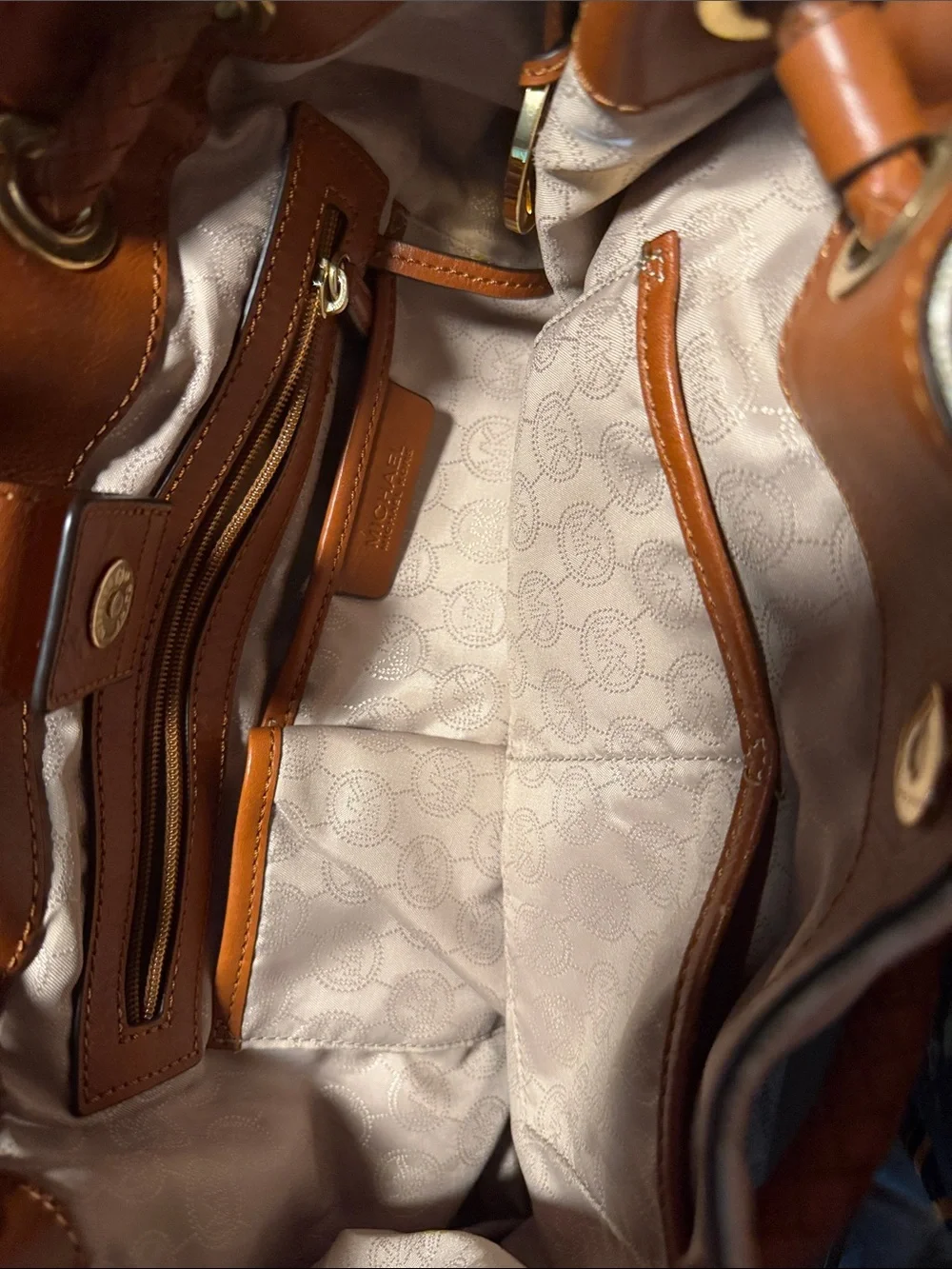 Michael Kors White Logo Tote with Tan Leather Tassel Handles